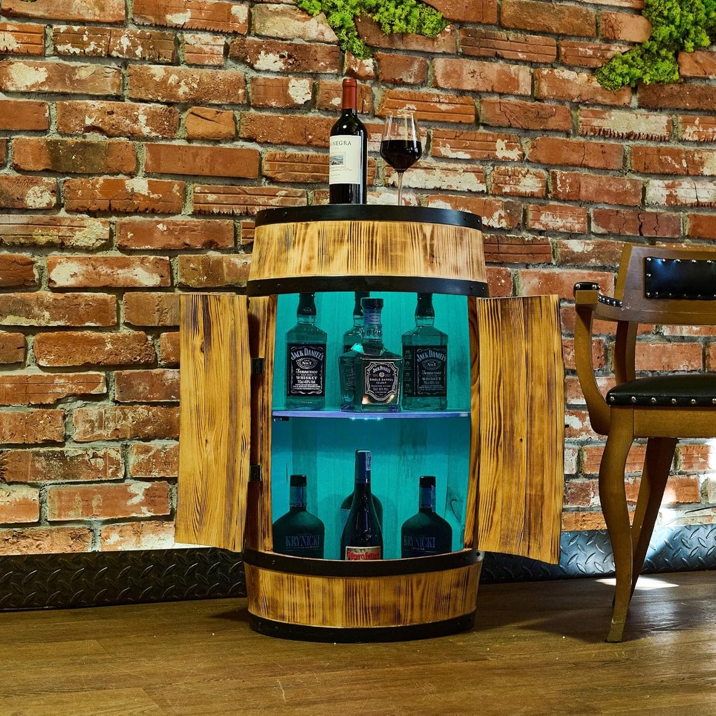 Bar Tonneau Led en Bois avec 2 Portes - 2 Étagères