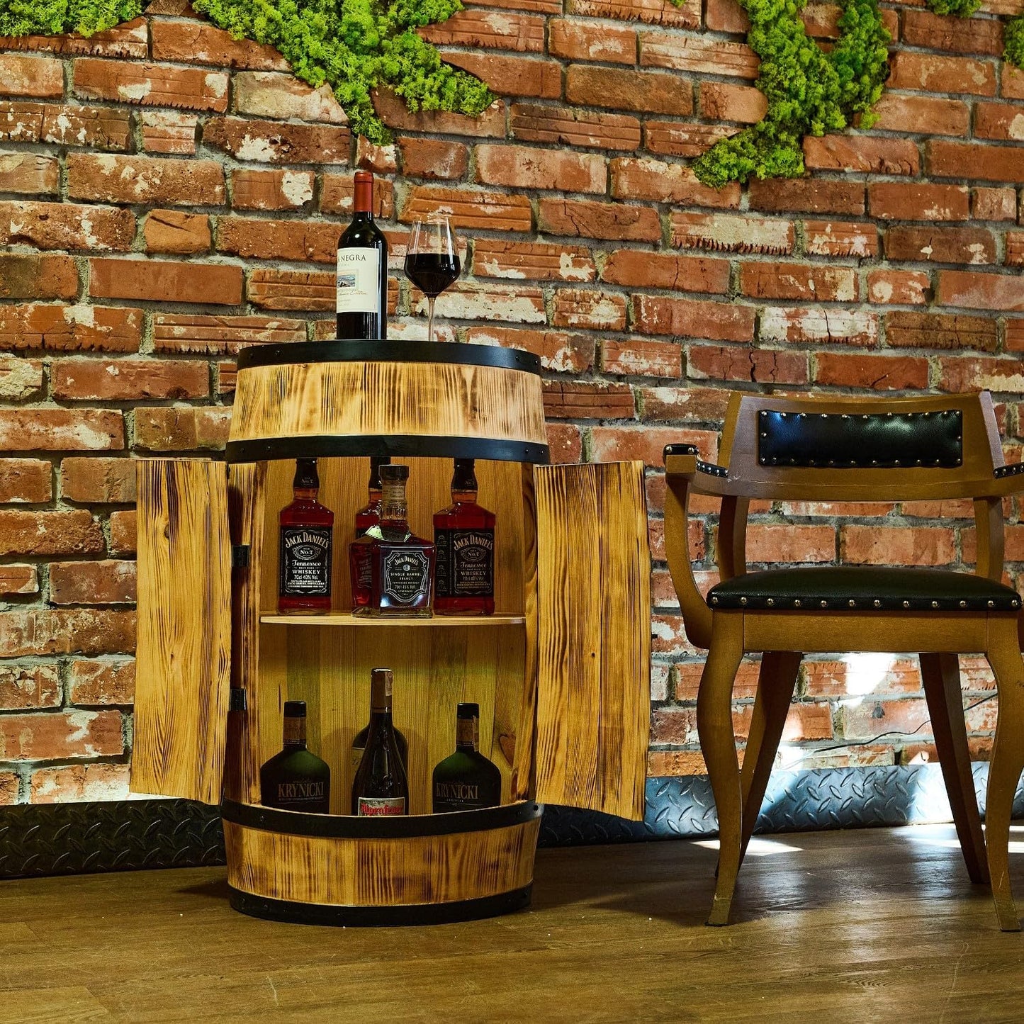 Bar Tonneau Led en Bois avec 2 Portes - 2 Étagères