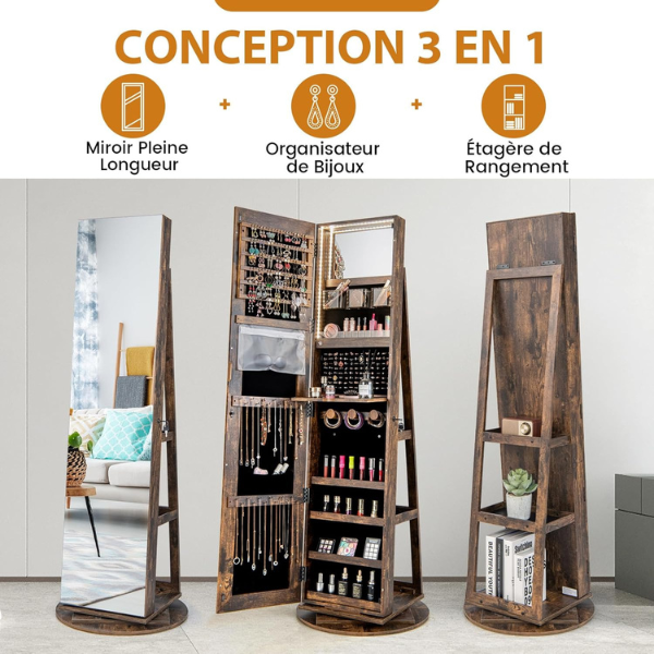Armoire à bijoux pivotante à 360°verrouillable, avec miroir intérieur, étagères de rangement à l'arrière, Marron Rustique