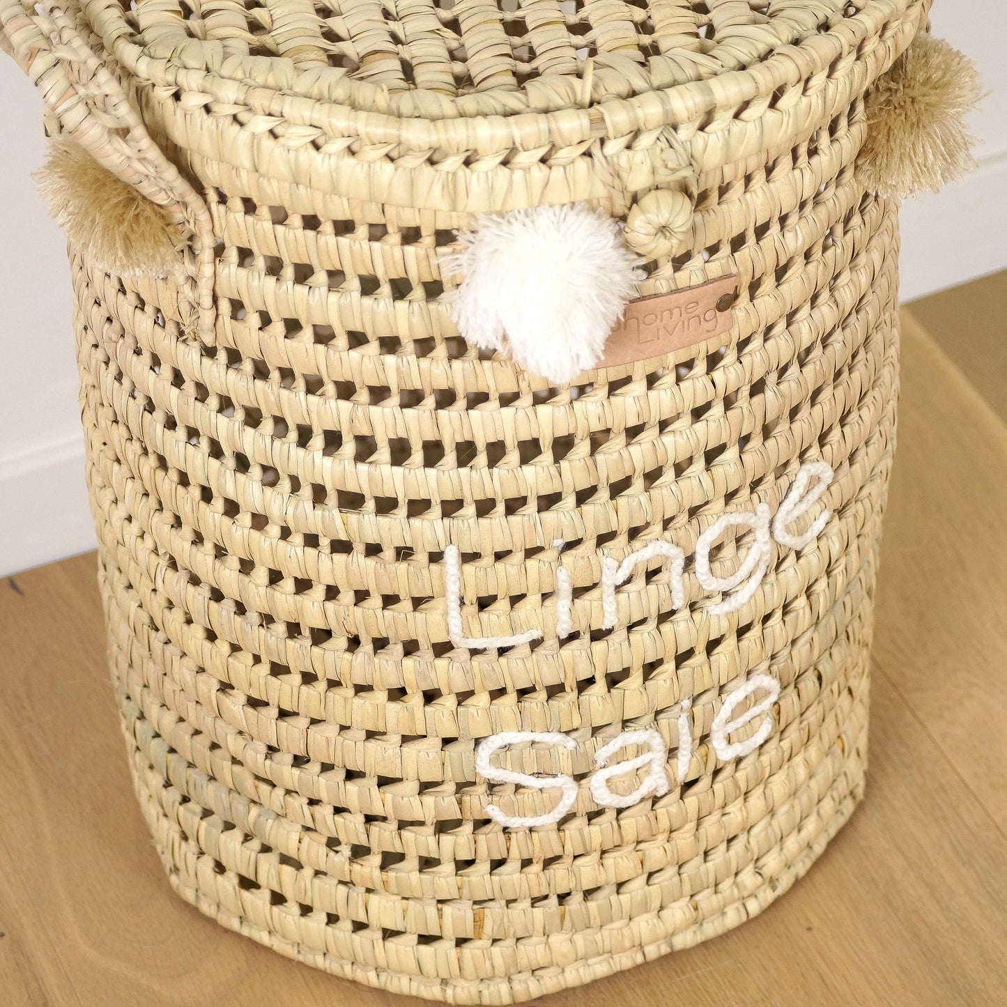 Panier à Linge en Feuilles de Palmier avec Pompons - Linge Sale