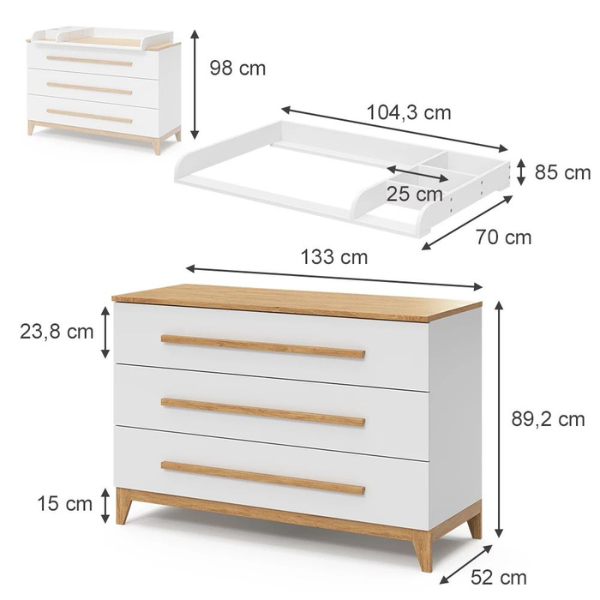 Commode à langer 133x98cm XL avec 3 tiroirs