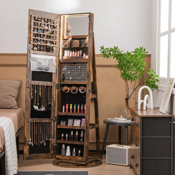 Armoire à bijoux pivotante à 360°verrouillable, avec miroir intérieur, étagères de rangement à l'arrière, Marron Rustique