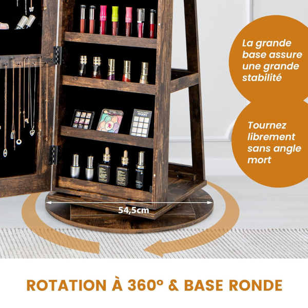 Armoire à bijoux pivotante à 360°verrouillable, avec miroir intérieur, étagères de rangement à l'arrière, Marron Rustique