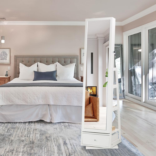 Armoire à bijoux pivotante verrouillable avec miroir - gris clair