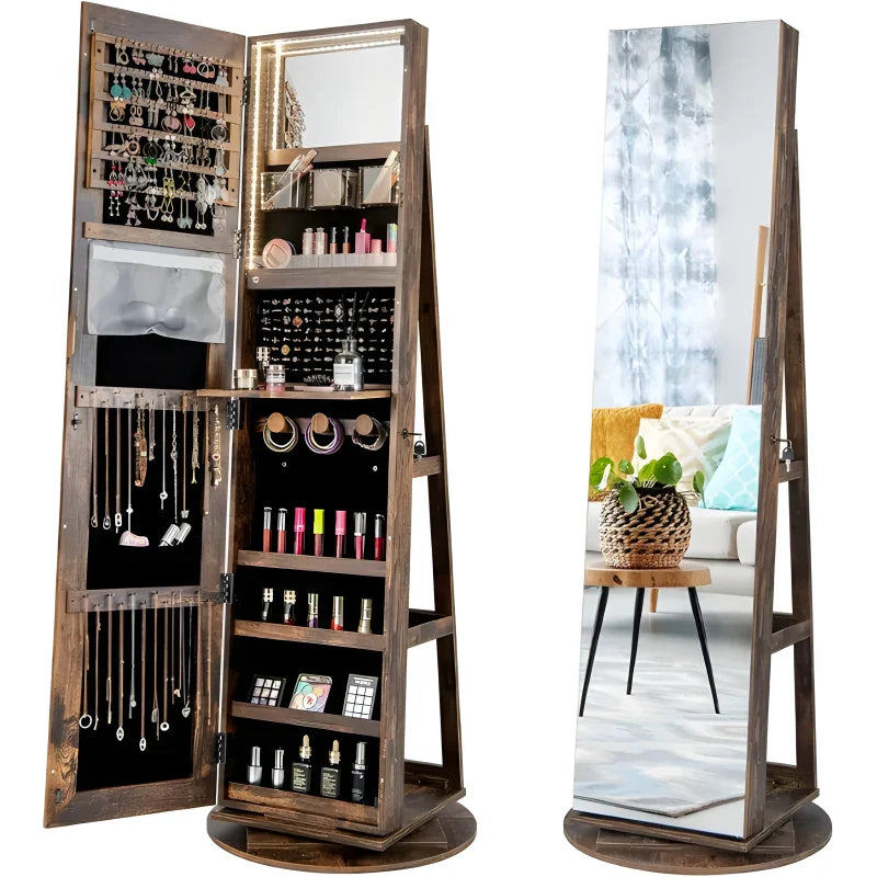Armoire à bijoux pivotante à 360°verrouillable, avec miroir intérieur, étagères de rangement à l'arrière, Marron Rustique