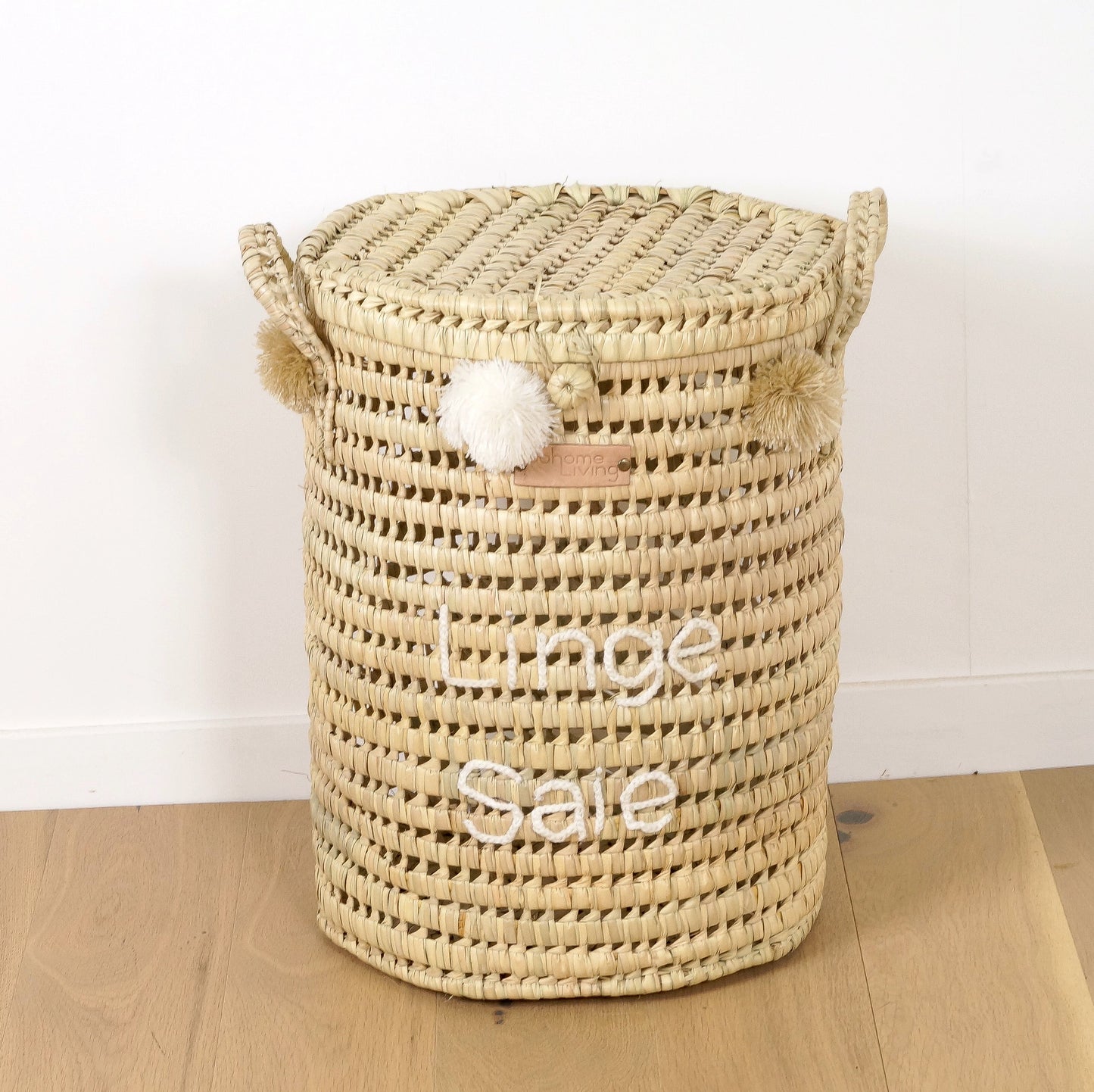 Panier à Linge en Feuilles de Palmier avec Pompons - Linge Sale