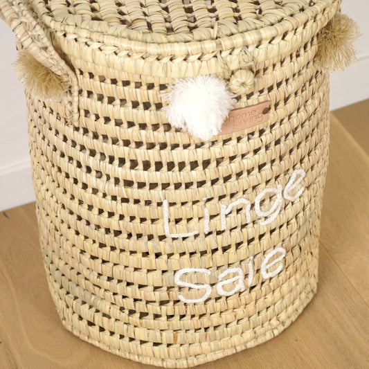 Panier à Linge en Feuilles de Palmier avec Pompons - Linge Sale