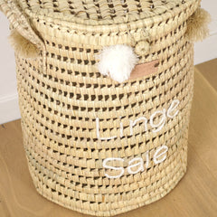Panier à Linge en Feuilles de Palmier avec Pompons - Linge Sale