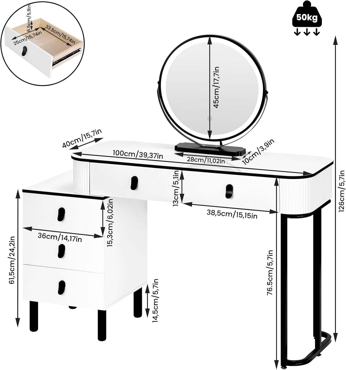 Coiffeuse avec Miroir LED - Luminosité Réglable