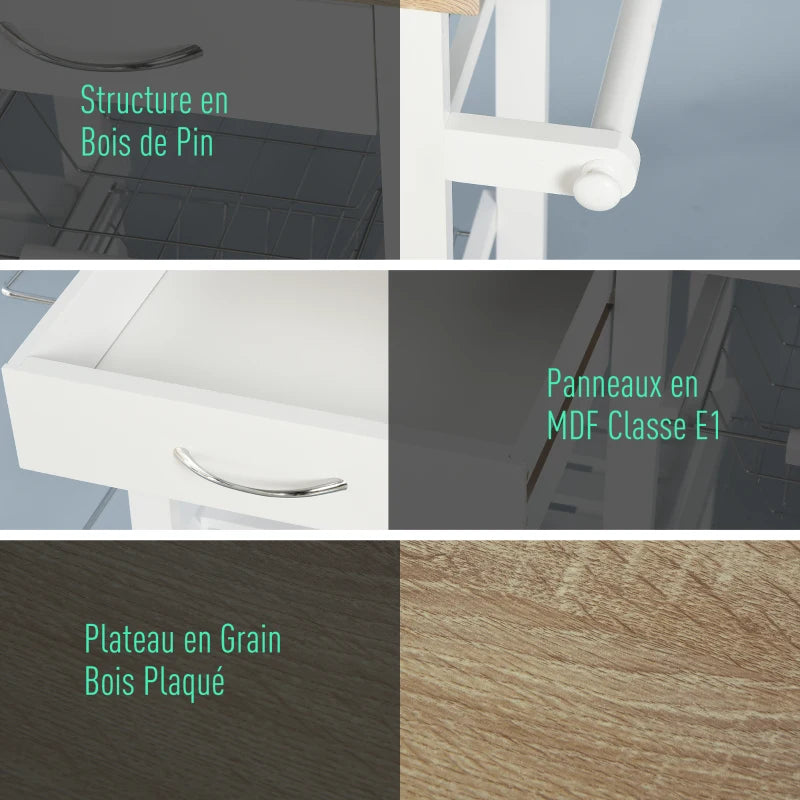 Desserte Chariot Cuisine Multi-Rangements - Chêne Clair & Pin Blanc