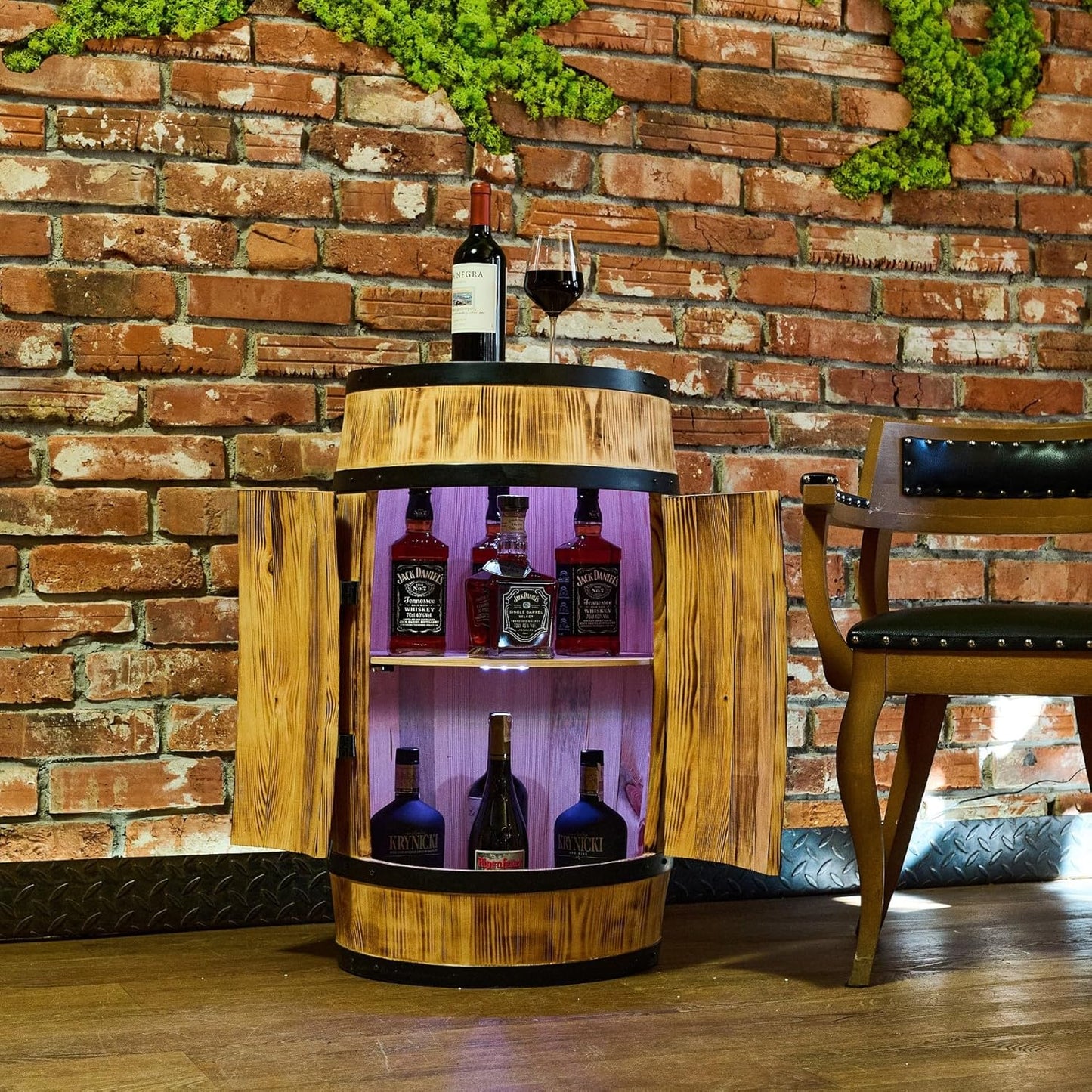 Bar Tonneau Led en Bois avec 2 Portes - 2 Étagères