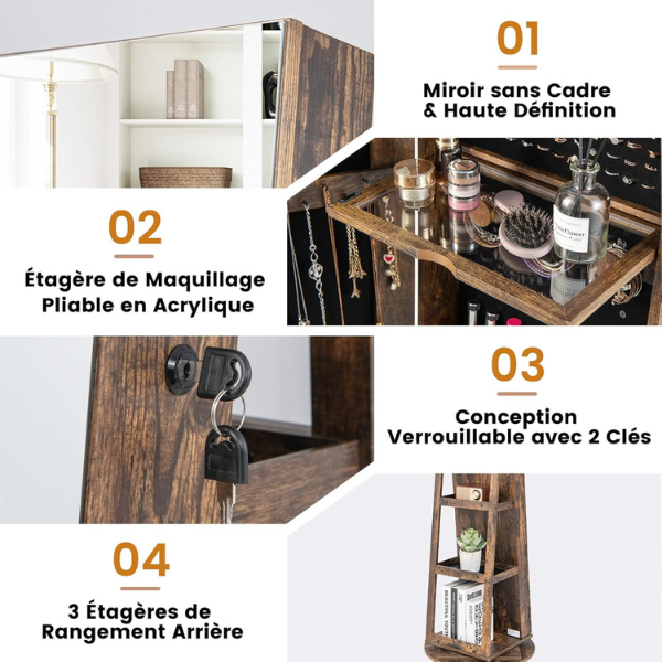Armoire à bijoux pivotante à 360°verrouillable, avec miroir intérieur, étagères de rangement à l'arrière, Marron Rustique