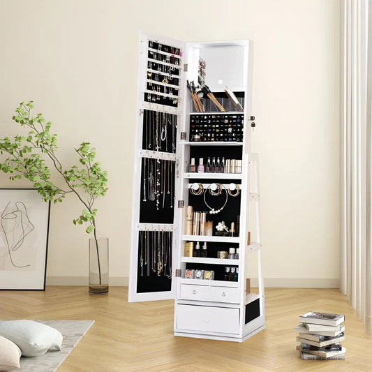 Armoire à bijoux pivotante verrouillable avec miroir - gris clair