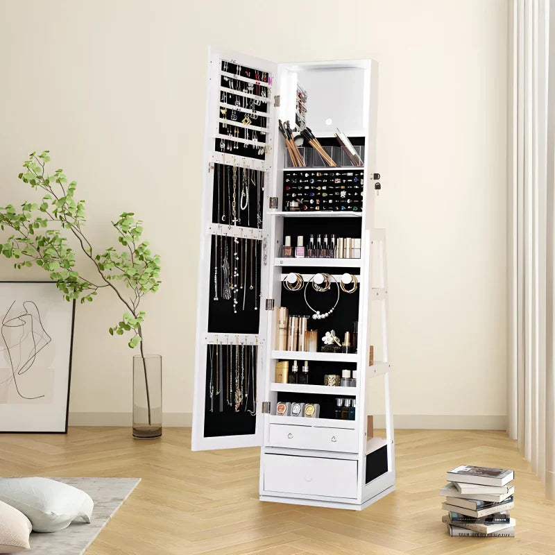 Armoire à bijoux pivotante verrouillable avec miroir - gris clair