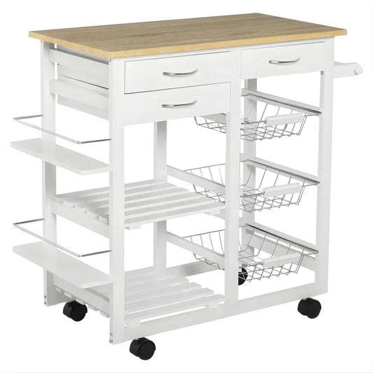 Desserte Chariot Cuisine Multi-Rangements - Chêne Clair & Pin Blanc